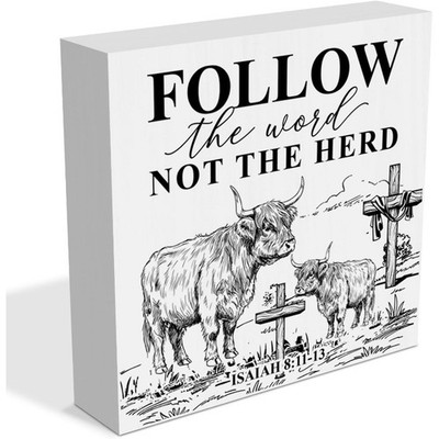 Follow The Word Not The Herd Highland Cow Wooden Box Sign Christian Easter Decor