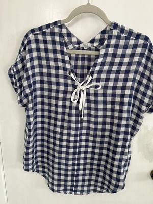 Rails Viera Jeri Blueberry Check Top Blouse Short Cuffed Sleeve V-neck Size M