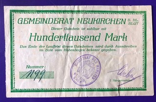 Bayern Neukirchen B Hl.Blut Gemeinde 100000 Mark HUS Weber KN schriftl. P 1003b