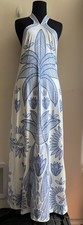 CAJUNI Women Boho Tree Birds Open Back Sleeveless Blue White Dress XL