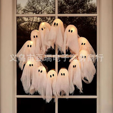 Lit Ghosts Wreath Halloween Lights up Ghost Wreath Front Door Decoration Pendant
