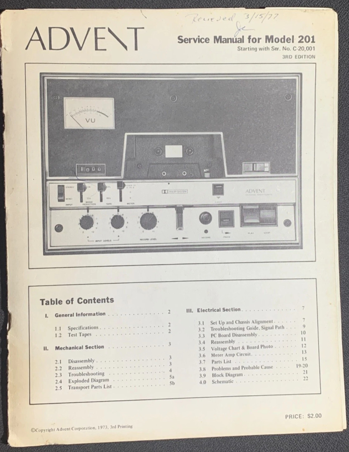 ADVENT 201 Cassette Deck Service Manual Original Serial Number C-20001 and up