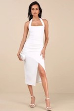 Lulus Women Prominent Charm Halter Bodycon Tulip Midi Dress White  M