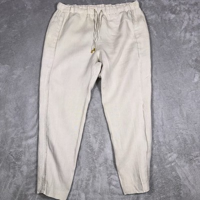 Ellen Tracy Women Beige Linen Pull On Pants Size L Pockets Tapered Leg Casual