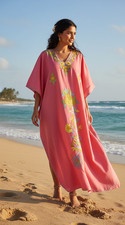 Embroidered Kaftan Dress for Womens Pink Beach Wear Caftan Boho Fashion L-3XL