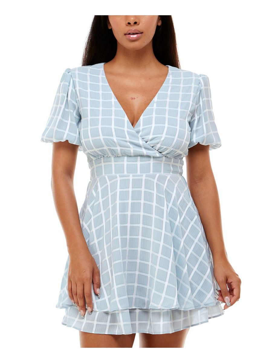 B DARLIN Womens Mini Dress Light Blue Tie Short Sleeve Lined Juniors 78 |  eBay