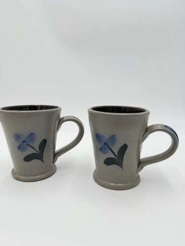 Rowe Pottery Works Salt Glazed Blue Flower Mug Coffee / Tea Cup - 2001 Vintage