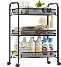 Metal Rolling Utility Cart, 3-Tier Mesh Wire Storage Trolley with Easy Assembly,