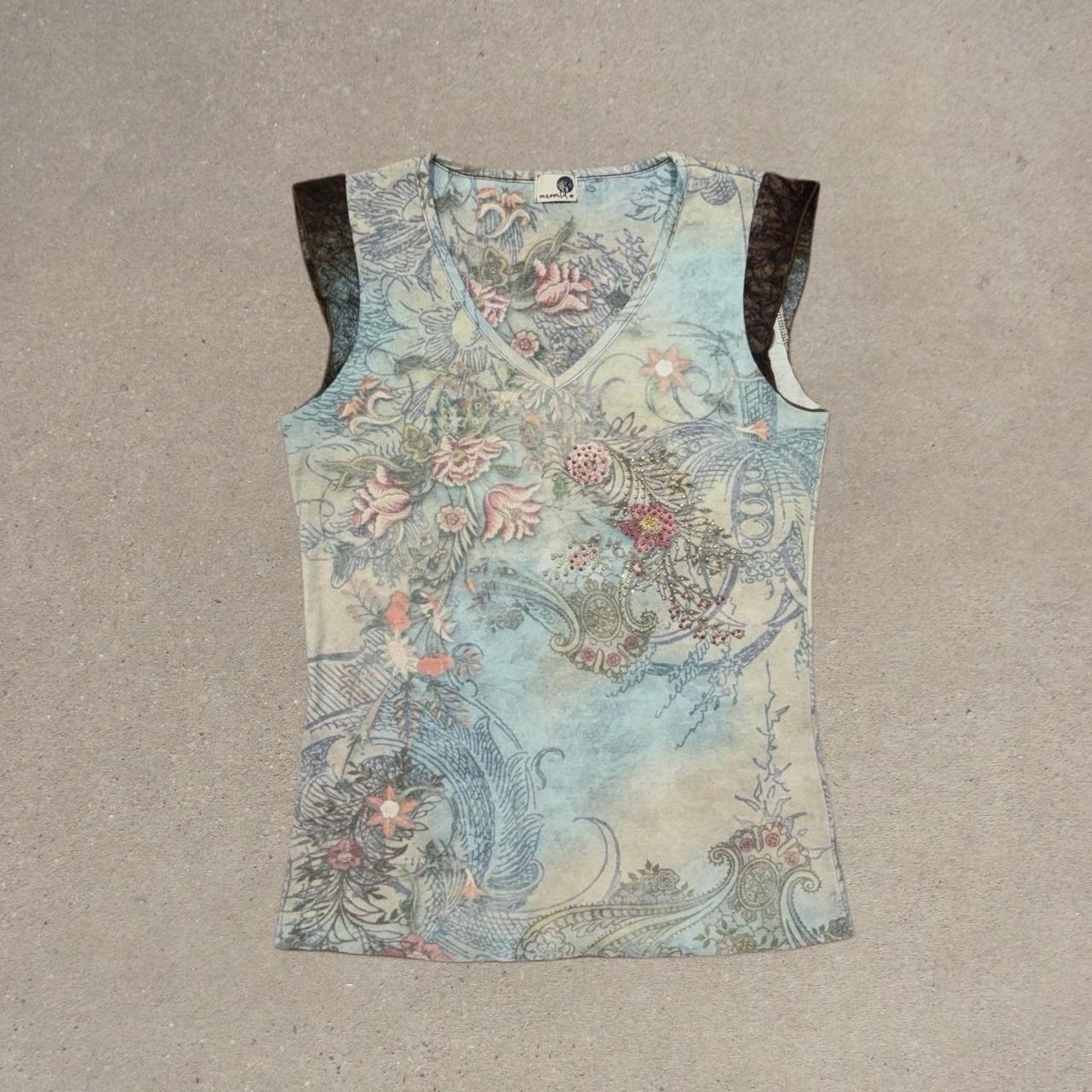 2000s Y2K One World Grunge Fairy Top Floral, Rhinestoned Size Woman's Medium