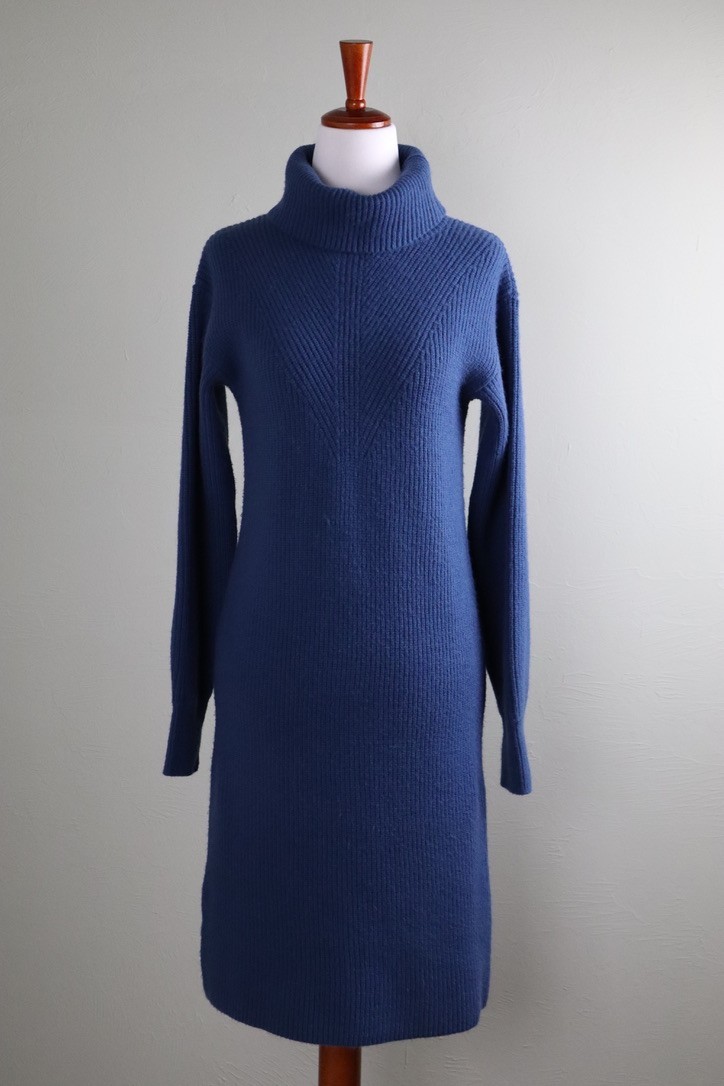 ANN TAYLOR NWT $139 Solid Blue Cowl Neck Ribbed Sweater Dress Size Small Petite