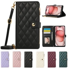 Crossbody Case For iPhone 16 Pro Max 16e 15 14 13 12 Leather Zipper Wallet Cover