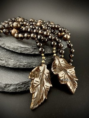 Smoky Quartz & Bronzite Lariat Necklace 52  Double Leaf Pendant, 14k Gold Filled