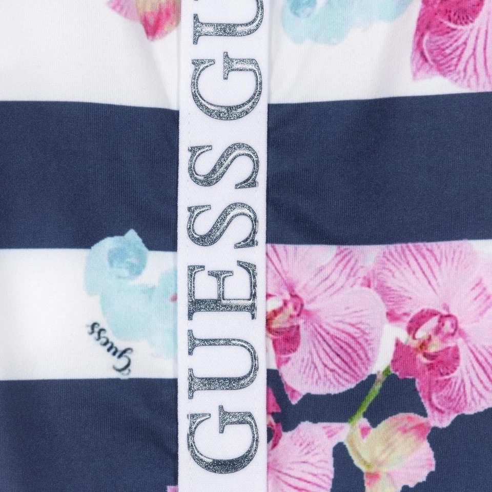 Leggings elásticos al tobillo florales con cinta con logotipo a rayas azules blancos Guess para niñas 12 nuevos con etiquetas Foto 4 de 4