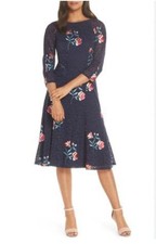 Eliza J Navy Floral Embroidered Lace Fit and Flare Dress size 8P