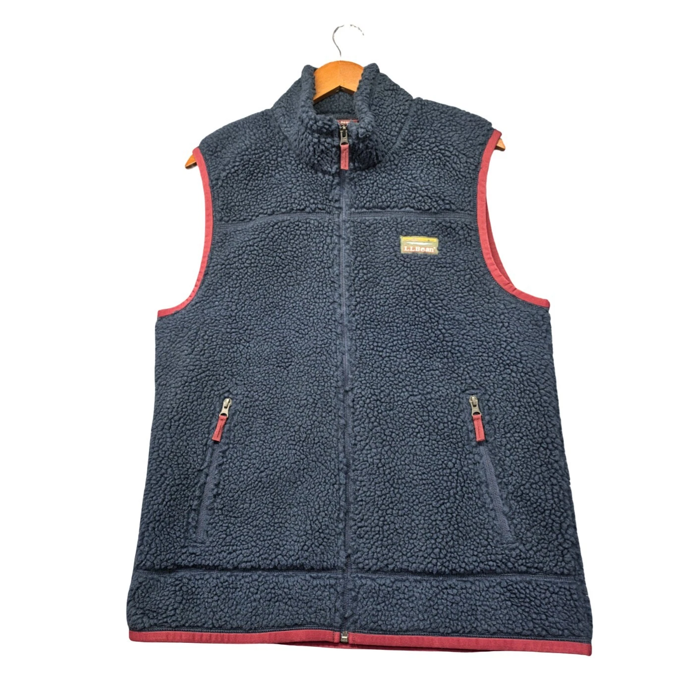 LL Bean Mountain Pile Fleece Vest Mens Medium Navy Sherpa Full Zip 502429 Hiking