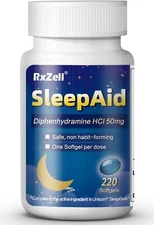 RXZELL Sleep Aid, Diphenhydramine Softgels 50mg, Easy-to-Swallow, Supports - New