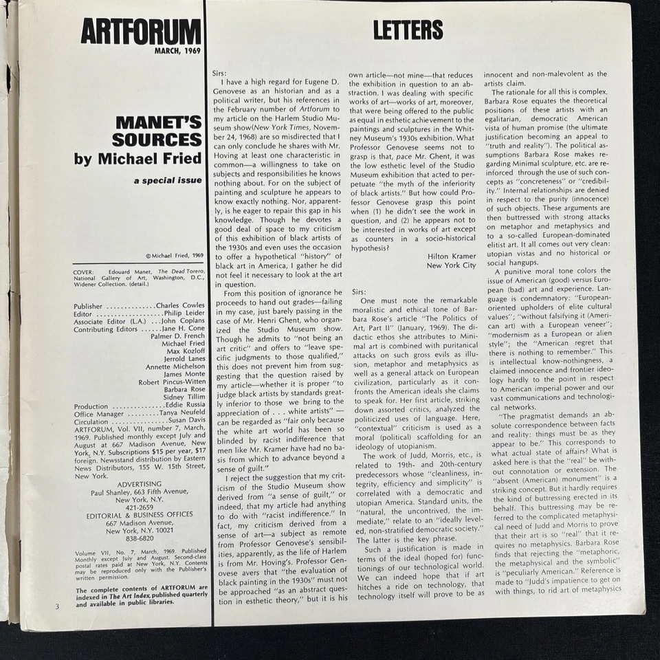 ARTFORUM MARCH, 1969 MAGAZINE MANET'S SOURCES SPECIAL ISSUE RARE GOOD - Image 3 of 4