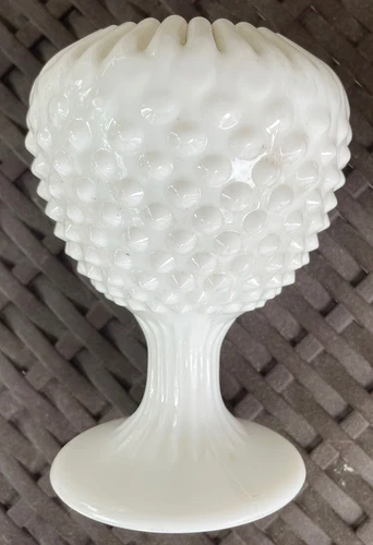 Vintage Fenton Milk Glass Hobnail Ivy Pedestal Vase Ribbon Crimped  5.5" Tall