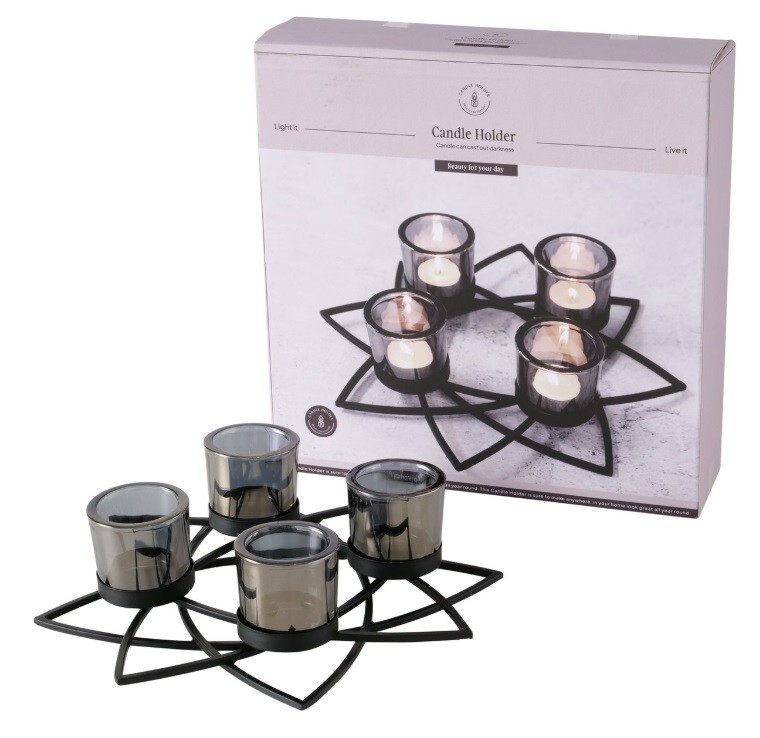 4er Windlicht XL Stern b3016 Adventsdeko Adventskranz Stern Kerzenhalter schwarz