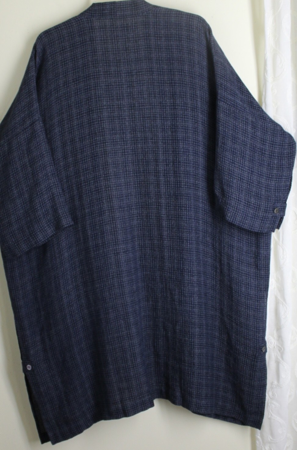 New Eskandar 0 OS Navy Check Crinkle Gauze Linen Lightweight 43"L Duster Jacket image 9