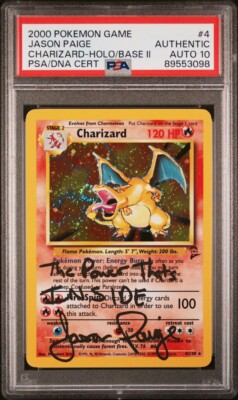 AUTO PSA 10 Jason Paige signed Charizard 2000 Pokemon Base Set 2