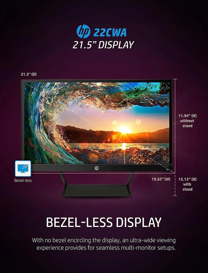 HP 21.5-Inch monitor Full HD 1080p IPS panel; VGA and HDMI ports - Image 4 of 4