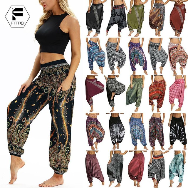 Womens Baggy Harem Pants Hippie Wide Leg Gypsy Yoga Boho Flare Palazzo