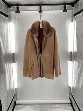 Beige Shearling Zip Stroller With Crystal Fox Collar