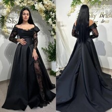 Black Wedding Dress Lace Off Shoulder V-neck Gothic Side Slit Bridal Gown