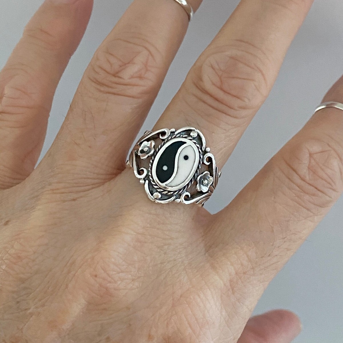 Sterling Silver Large Yin and Yang Ring With Flower, Yoga Rings, Statement  Ring