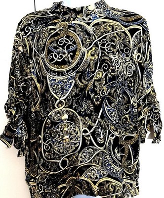 H&M Eclectic Motif Top Blouse 10 Black Gold Mock Neck Preppy Modern Nautical