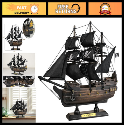 Wooden Pirate Ship Model - Black Pearl Sailing Ship Decor, 10'' Nautical Home Dec