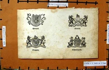 Original Old Antique Print Coat Arms Mercers Grocers Fishmongers Drapers