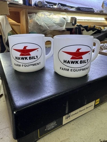 Rare Vintage Advertising Hawk Bilt Farm Equipment Federal Milk Glass Coffee Mugs