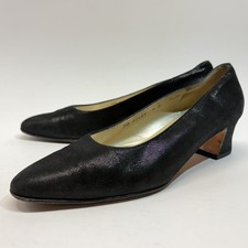 Salvatore Ferragamo Black Shimmer Texture Leather Block Heel Pumps Women Sz 9 B