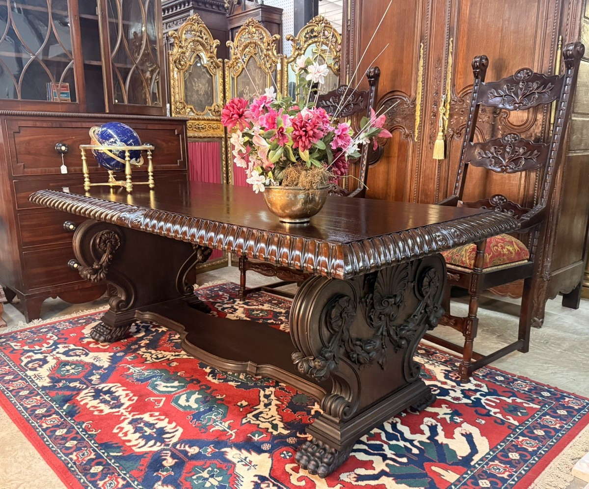 Antique Italian Renaissance Carved Burl Walnut Claw Foot Desk