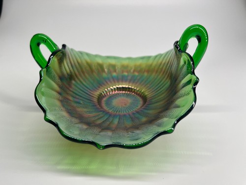 Antique Fenton Stippled Rays Green Carnival Glass Handled Bon Bon Dish - Picture 8 of 10