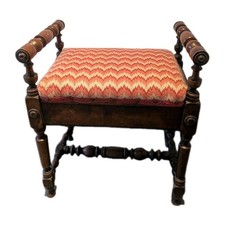 Vintage Piano Stool Under Seat Storage Pink Chevron Style Fabric Mahogany BU23