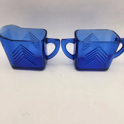 Vintage Hazel Atlas Depression Glass Cobalt Blue Chevron  Sugar & Creamer Set