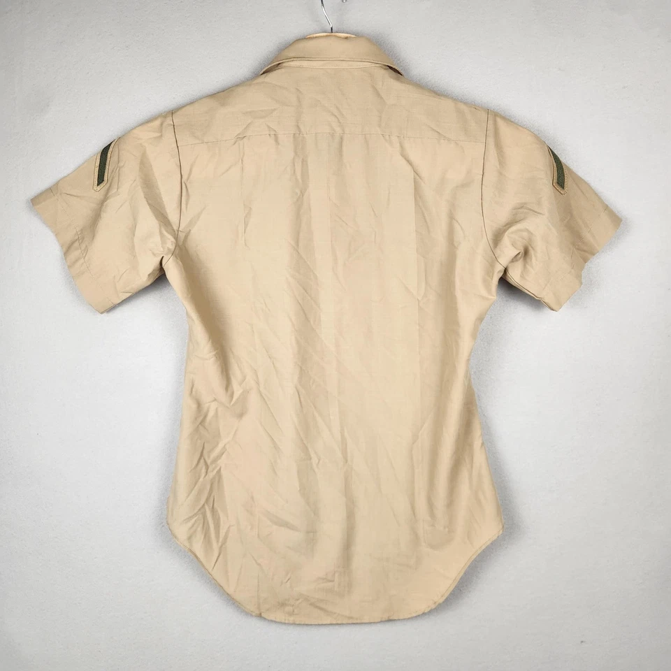 Vintage US Army Shirt Mens 15.5 Khaki Short Sleeve Uniform Rank Patches 80s - Image 2 of 4