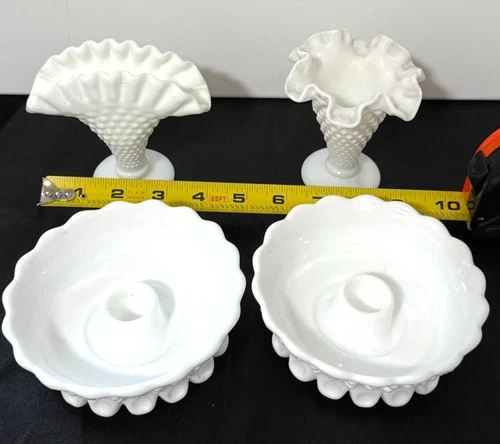Lot of 4 Vintage Fenton/Hobnail Milk Glass Candle Holders and Vases