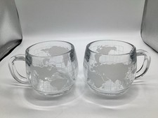 Set of 2 Vintage Nestle' Etched Clear Glass World Globe/Map Coffee Mugs Cups