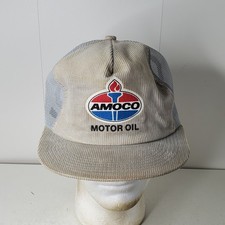Vintage Amoco Motor Oil Corduroy Trucker Hat Cap Gas & Oil Advertising Snapback