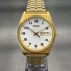 Seiko Watch Men 35mm White Dial Gold Tone Daydate Round V743-9029 New Battery