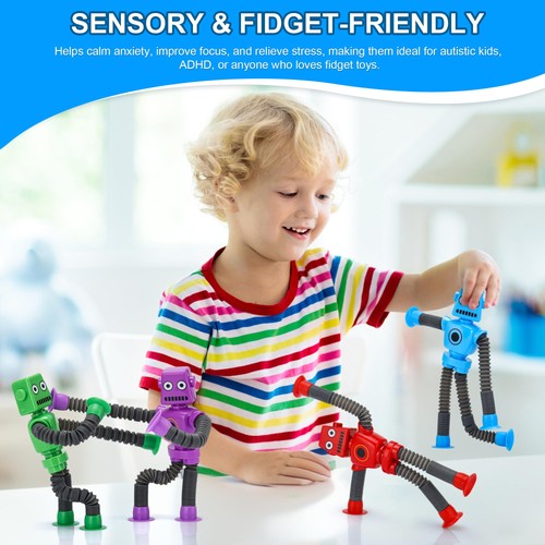 Robot Suction Cup Toys Pop Tubes | 6 PCS-Stretchy 6 Piece Set, Multi-color  - Picture 3 of 7
