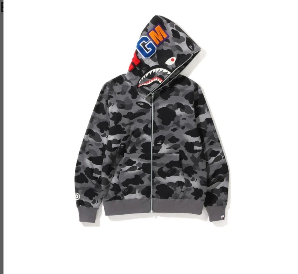 A BATHING APE (BAPE) Felpa con cappuccio zip intera BAPE Glow in the Dark Grid Camo Shark nuova con etichetta taglia Medium