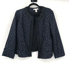 CHICO'S Animal Print Blazer Jacket Blue Black 2 L 12 Women Open Front AccentTrim