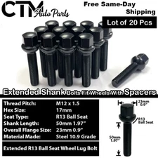 20x Black 12x1.5  Ball Seat Lug Bolt 50mm Shank Fit Mercedes Rim 8-12mm Spacer