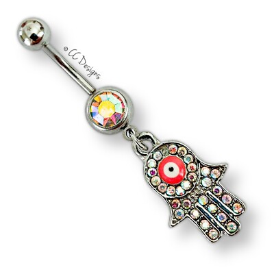 14g aurora borealis cz dangle sparkle hamsa hand eye belly ring (B117)