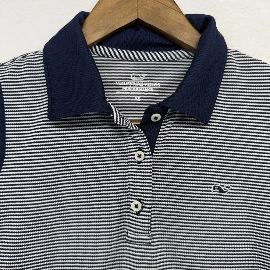 Polo sin mangas Vineyard Vines para mujer XS azul blanco rendimiento ballena micro rayas Foto 2 de 4